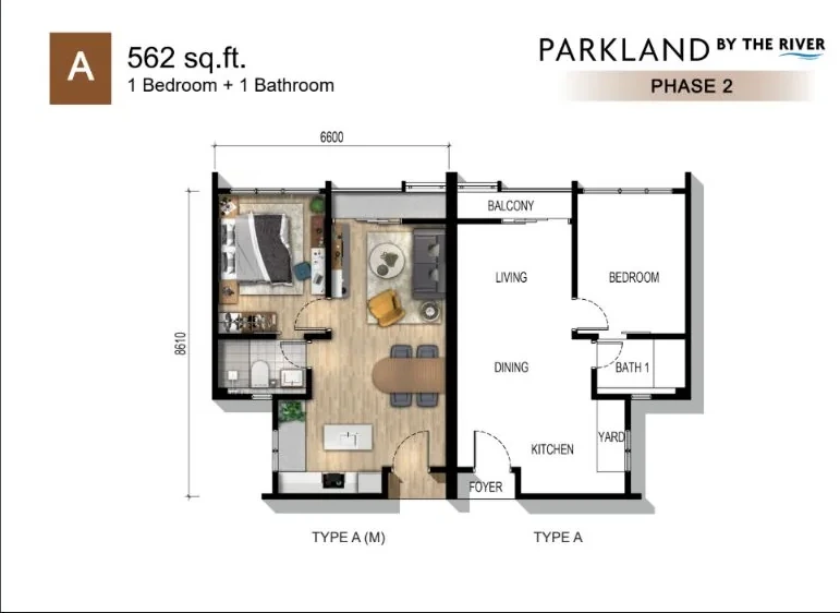 Type A floor plan, 562 square feet, one bedroom and one bathroom