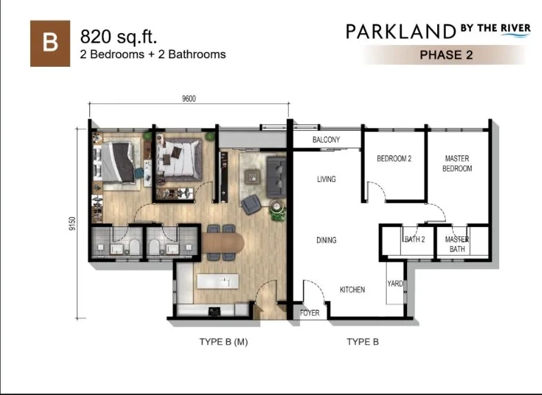 Type B floor plan, 820 square feet, two bedrooms and two bathrooms