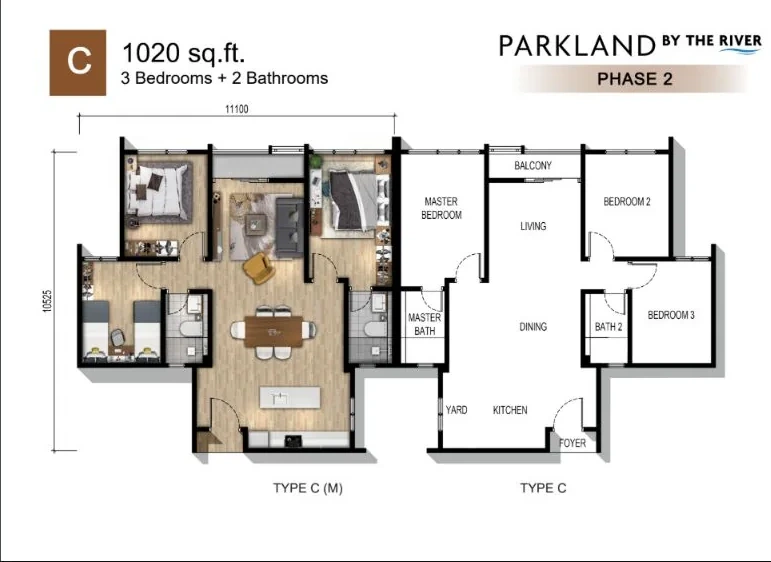 Type C floor plan, 1,020 square feet, three bedrooms and two bathrooms